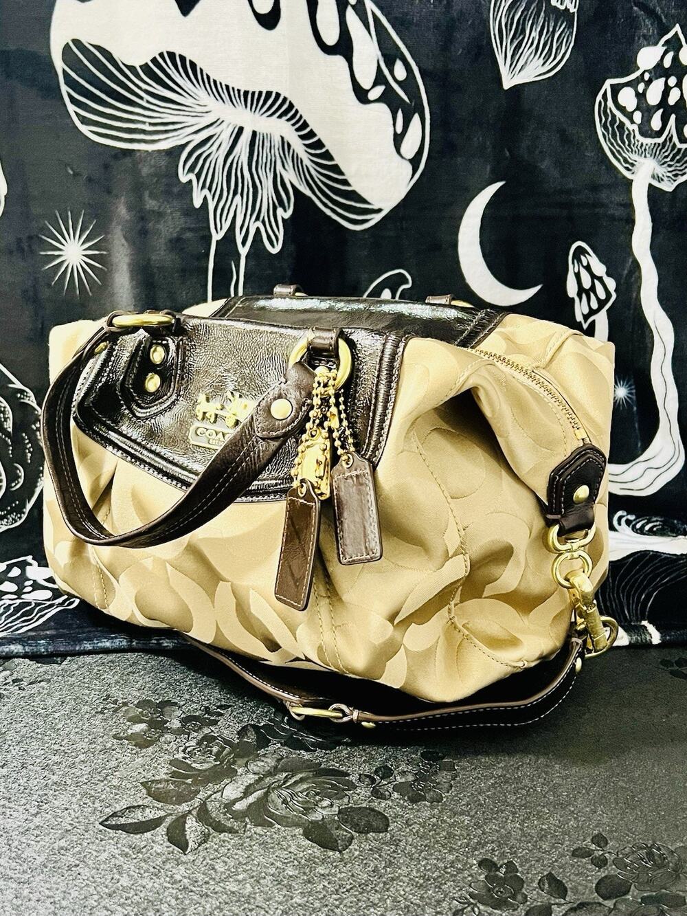 Coach Madison Audrey Op Art Khaki Brown Satchel 14294 Leather Trim Gold